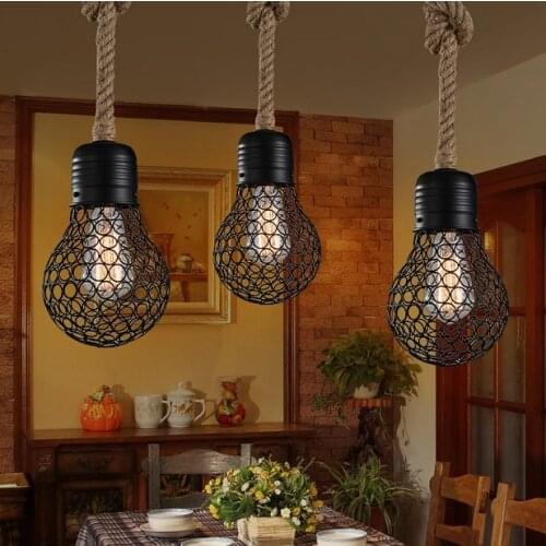 Loft Style Hemp Rope Bulb Mesh Droplight Edison Vintage Pendant Light Fixtures For Dining Room Hanging Lamp Indoor Lighting