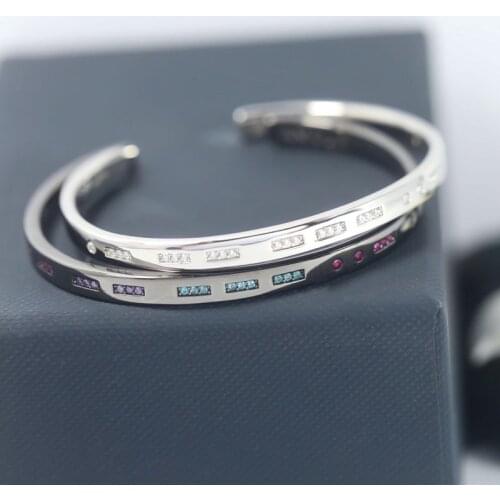 SLJELY Fashion Pure 925 Sterling Silver AMOUR Morse Code Open Cuff with High Quality Zirconia Stones for Women Bangle Bracelet