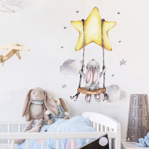 Cartoon Cute Bunny Rabbit Swing on the Stars Baby Nursery Wall Stickers Wall Decals for Kids Room PVC Removable Stickers PVC DIY