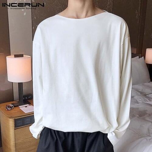 Autumn Men T Shirt Round Neck Long Sleeve Cozy Casual Undershirt Streetwear 2021 Solid Color Loose Men Clothing INCERUN S-3XL