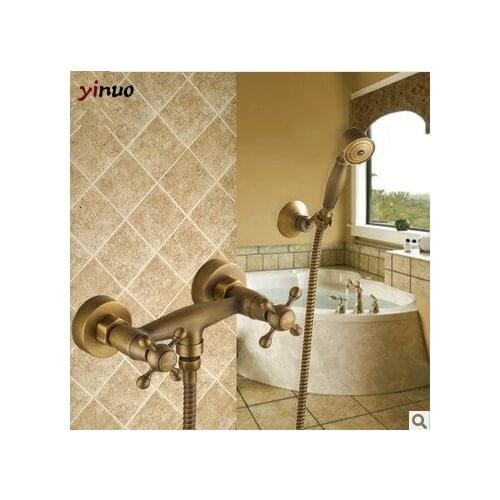 Bathroom Shower Faucet Set Wall Mounted Antique Copper Phone Style Ceramic Handheld Shower Single Handle