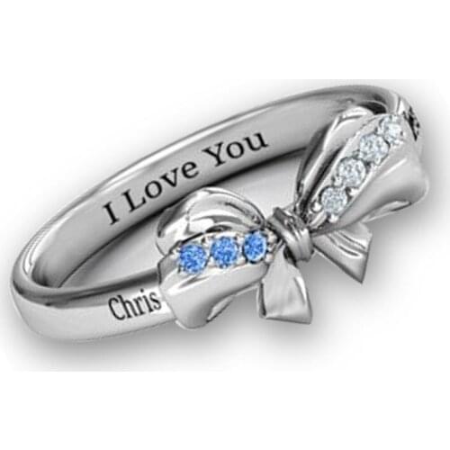 Wholesale Fashion Silver Color Bow Inlaid White Blue Zircon Crystal Alloy Metal Female Ring for Women Party Wedding Jewelry