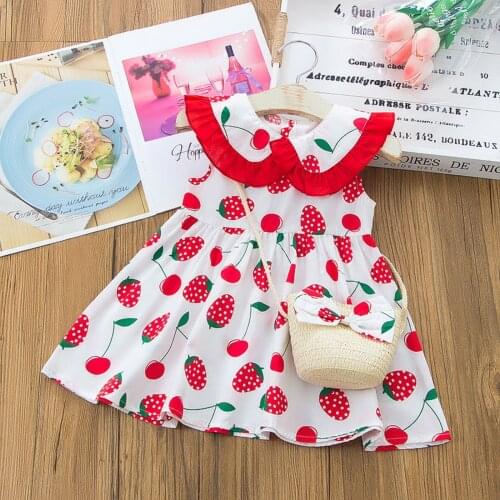 #VW Girls Strawberry Print Dress Summer A-line Peter pan Collar Dress Casual Cute Princess Bag Set Outfits vestido niña verano