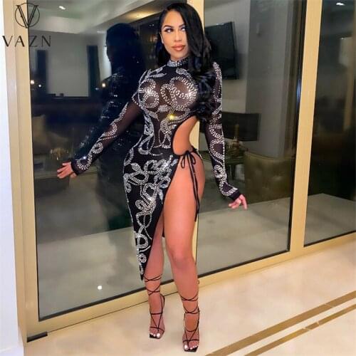 VAZN 2021 High Neck Glitter Full Sleeve Formal Elegant Maxi Dresses Sexy Club Birthday Dress Women Elegant Fashion Female Dress