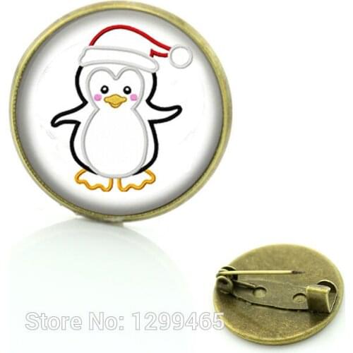 Christmas Penguin wear Christmas hat brooches pins jewelry for men and women gift for baby Glass cabochon dome medal C29