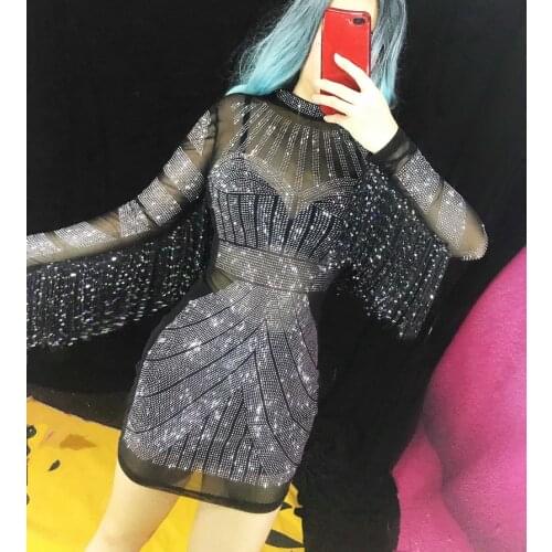 Mesh See-through Rhinestones Tights Dress Black Sexy Perspective Crystals Tassels Sleeve Short Dress Nightclub DJ Singer Costume