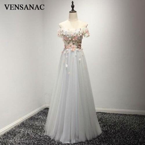 VENSANAC 2017 New A Line Lace Appliques Boat Neck Long Evening Dresses Short Sleeve Elegant Flowers Party Prom Gowns