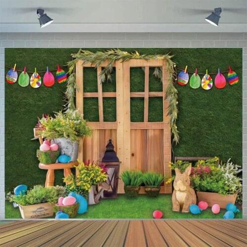 Spring Easter Backdrop Wood Door Green Grass for Photography Spring Flowers Eggs Kids Children Easter Party Supplies Decorations