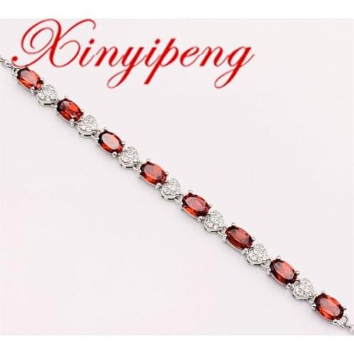 Xin Yipeng Fine Jewelry Real S925 Sterling Silver Plated White Gold Inlaid Natural Garnet Bracelet Wedding Party Gift for Women