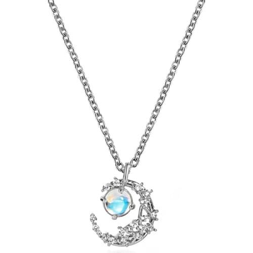 Silver Color Moonstone Pendant Necklace Women Simple Charm Moon Clavicle Chain ins Sweater Link Chain Chokers Jewelry Gifts