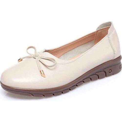 2020 Autumn New Round Head Bow Genuine Leather Shoes Women Casual Shoes Comfortable Shallow Non-slip Flat Shoes Large Size 43