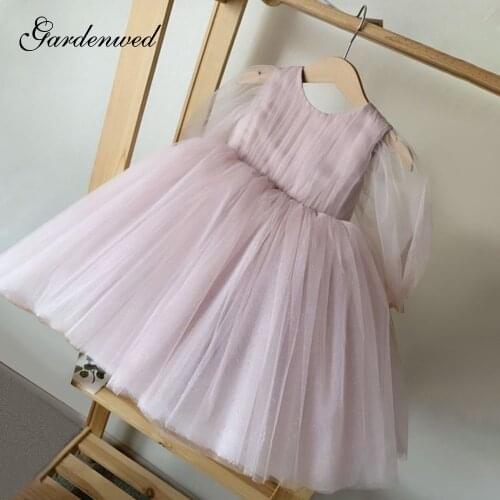 Simple Puffy Tulle Communion Dress Girl Pink Oneck Flower Girl Dresses Kids Transparent Sleeves Girl Party Dresses Ball Gown