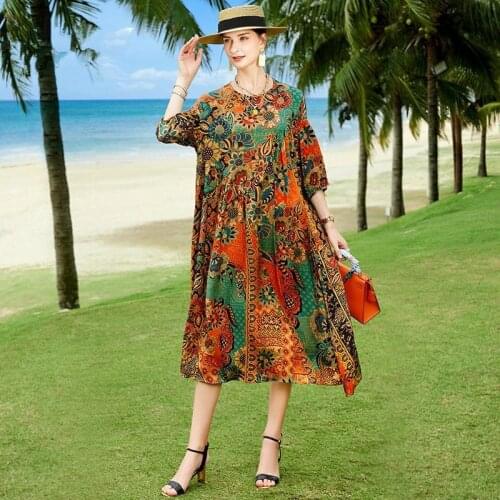 2021 Summer Floral Vintage Beach Dress Loose 4XL Plus Size Print Chiffon Casual Midi Dress Women Elegant Bodycon Party Vestidos