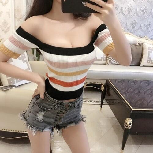 2019 Summer womens knitted sweater new tight elastic thin knitted jacket sexy shoulder stripes five colors 2020