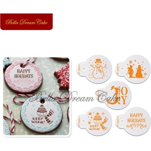5pcs/set Snowman Christmas Macaron Cookies Stencil Cake Decorating Tools Coffee Stencils Template Candy Cake Mold Bakeware