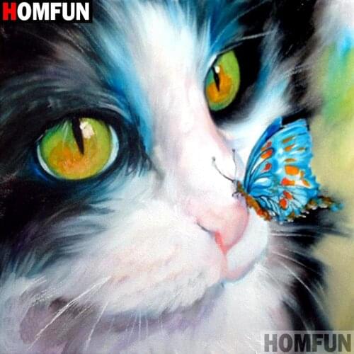 HOMFUN 5D Diamond Embroidery Needlework Kit "Cat butterfly" Diy Diamond Painting Cross Stitch Home Decoration Gift A11946