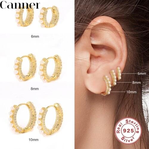 CANNER 1pair 6/8/10MM Geometry Round Circle Real 925 Sterling Silver Earrings for Women Pearl CA Hoop Earrings Pendientes Mujer