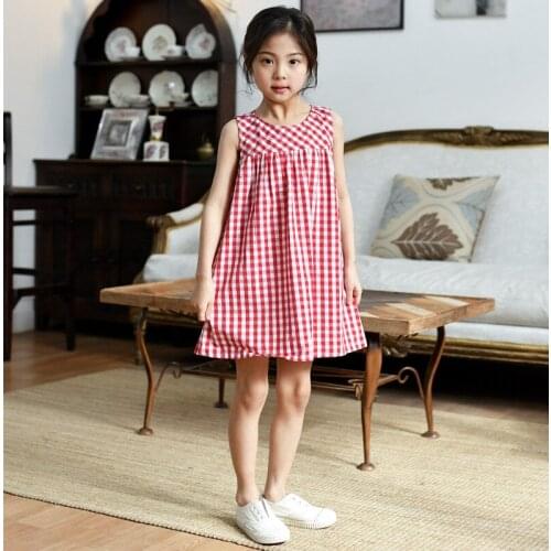 Kids Summer Clothing Cotton Girls Grid Red Dress Plaid Loose Dresses Sleeveless Teens Casual Clothes Toddler Girls Costume