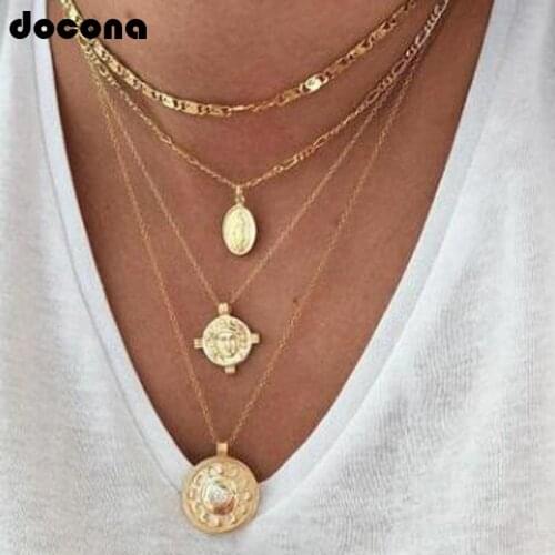 Docona Boho Gold Metal Long Flower Round Virgin Mary Cross Pendant Necklace For Women Charm Multiple Layers Party Jewelry 7100