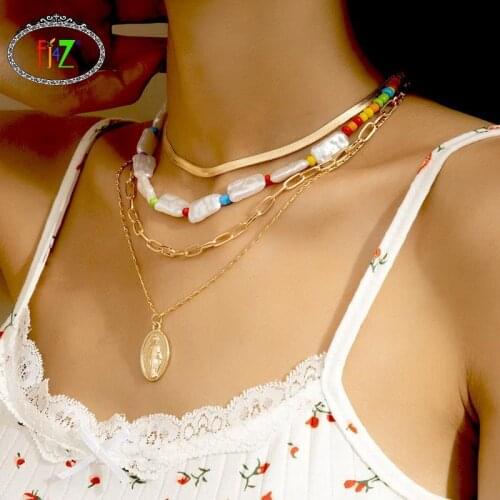 F.J4Z Trend Necklaces for Women Bohemian Irregular Pearl Beaded Cuban Chains Coin Pendant Statement Necklace бижутерия 2021