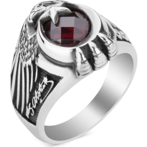 Silver Zircon Gemstone Ring Ataturk Signature Eagle Motif Ring Vintage Handcarved Men Ring 925K Silver Gifts For Him