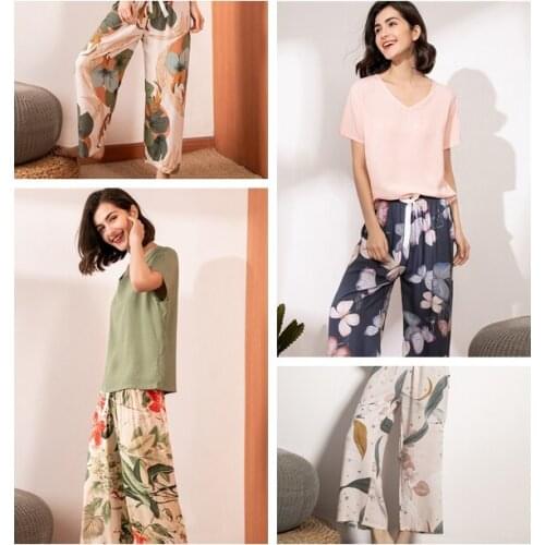 Summer New Women Pajamas Set V-Neck Leaves Printed Ladies Comfort Simple Style Sleepwear Loose Soft Casual Wear Homewear