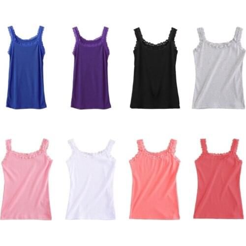 Womens Sleeveless Tank Top U-Neck Slim Lace Trim Candy Color Basic Camis Vest N2UE