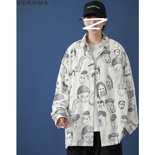 VERSMA Japanese Harajuku Graffiti Print Casual Shirt Men Women Autumn Hip Hop Streetwear Vintage Couple Shirts Men Dropshipping