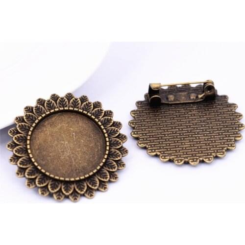 New Fashion 2pcs 20mm Inner Size Antique Bronze Plated Brooch Pin Flower Style Cabochon Base Setting