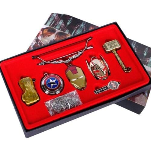 Marvel Avengers Cosplay Weapons Necklace Keychains Mask Badge Bow And Arrow Fist Shield Thor Hammer Metal Collectible Gift Toy