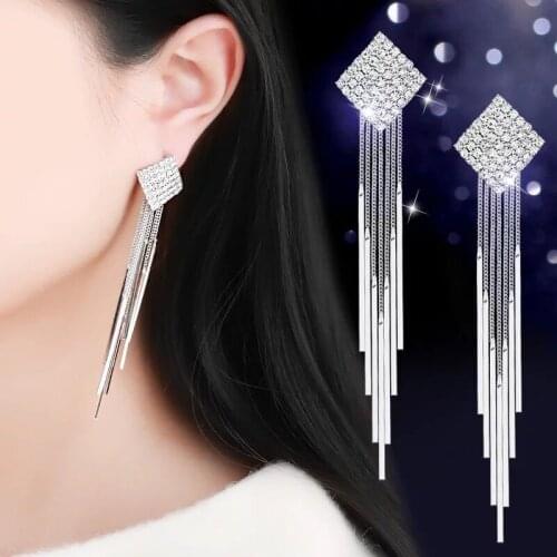 Full Rhinestone Square Design Vintage Tassel Earrings Drop Earring For Women Luxury Bride Wedding Jewelry Long Dangle Earring