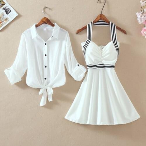 Spring New Two Piece Sets Fashion Outfits White Long Sleeve Bow Chiffon Shirt + Halter Neck Backless Striped A Line Mini Dresses