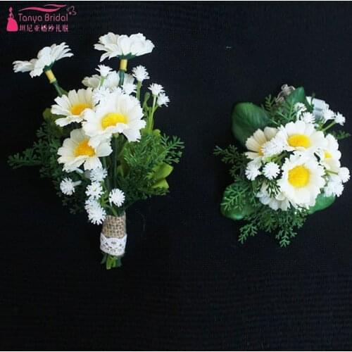 Daisy Wedding Flowers White and yellow Fairy Lace Bridal Wrist Corsage Best Men Boutonniere ZHF07