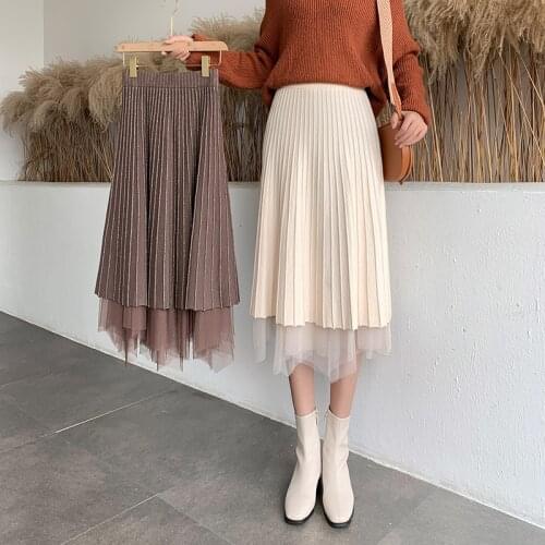 Women Autumn Winter Solid Color Knitted Mesh Skirts Ladies Elastic High Waist Midi Long Tutu Skirt Wear On Both Sides