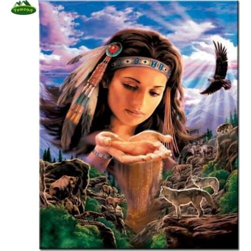 YUMEART 5D Diy Diamond Painting Indians Women and Wolves Cross Stitch Kits 5D Diamond Mosaic Diamond Embroidery Indian Girl Eagl