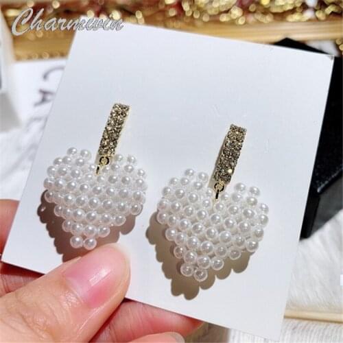 New Dangle Earrings For Women earrings Exaggerated Rhinestone Imitation Pearl Heart Earrings Fashion Jewelry