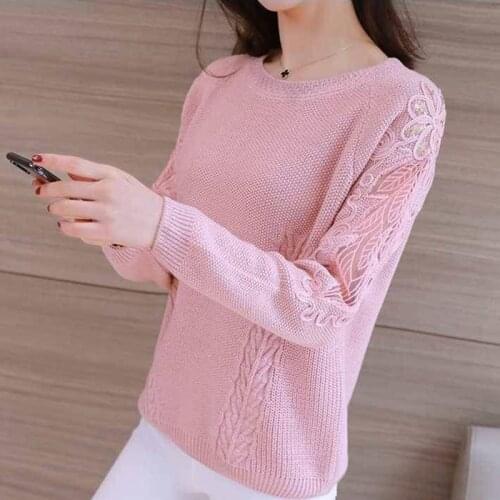 Knitting Lace Splicing Hollow out sweater Women Fashion O-neck long sleeve big Size Pullover female 2021 new Korean spring tops