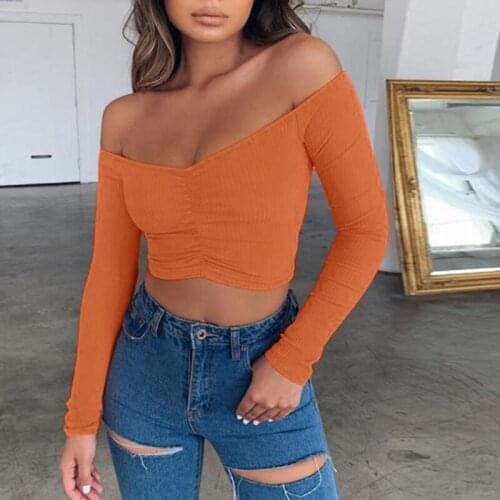 2020 HOT Female Elegant V Cut Long Sleeved Crop Tops Autumn Style Women Crop Tops New Fashion Black Red Off Shoulder Tops Tees
