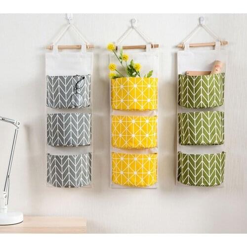 3 Pockets Wall Hanging Storage Bags Cotton Linen Door Organizer Hang Bag Wall Pouch Cosmetic Toys Home Office Organizer AUG8