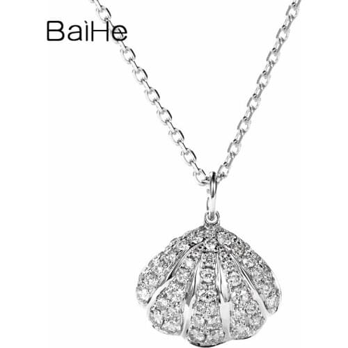 BAIHE Solid 18K White Gold H/SI 0.35ct Natural Diamond Wedding Trendy Fine Jewelry Beautiful shell diamond pendant Necklaces