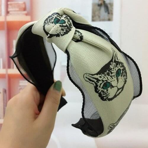 Korean Printed Cartoon Cat Pattern Lady Hair Hoop Cute Fairy Cross Big Bow Hit Color Wide-brimmed Face Wash Headband Hair Ties