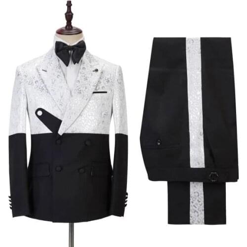 Unique Design White Pattern Costume Homme Mens Suits 2 Pcs Groomsmen Wedding Tuxedos Terno Masculino Slim Fit Prom Jacket+Pants