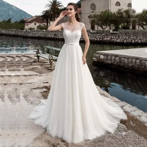 Scoop Neck Off Shoulder Lace Wedding Dresses 2020 Sweep Train Tulle Beach A Line Wedding Bridal Gowns
