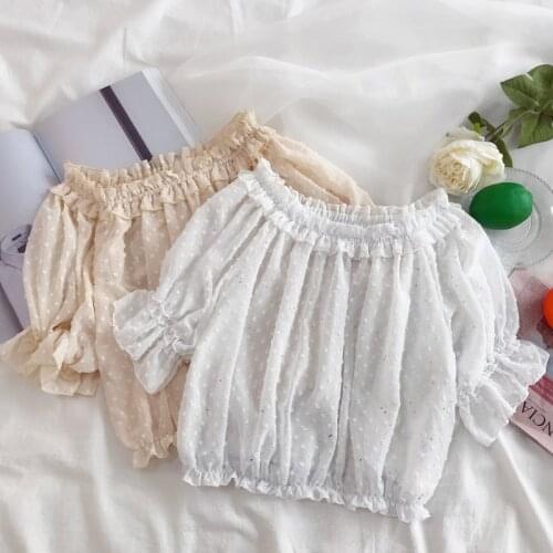 Kawaii All-Match Lolita Blouse Lace Shirt Female Sweet Cute Soft Sister Shiny Sequins Chiffon Short Sleeve Bottoming Shirt Women