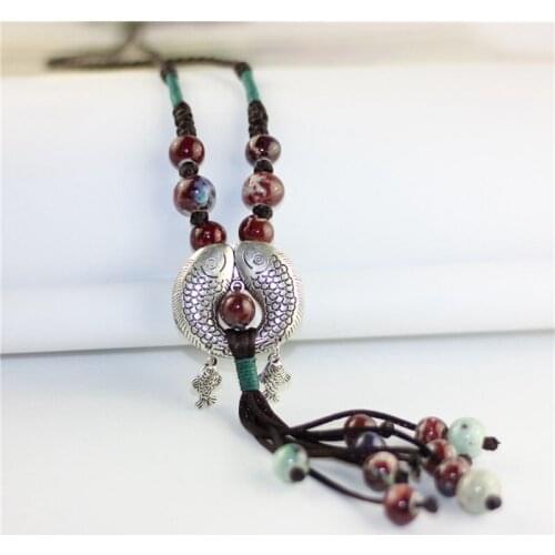 Fashion Retro Fish Ceramic Beads Tassel Necklace Pendant For Women Wholesale Ethnic Sweater Chain High Quality
