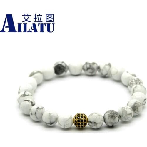 Ailatu Fashion 8mm Natural White Howlite Marble Beads with Micro Pave Black Zircon Stretch Cz Bracelet