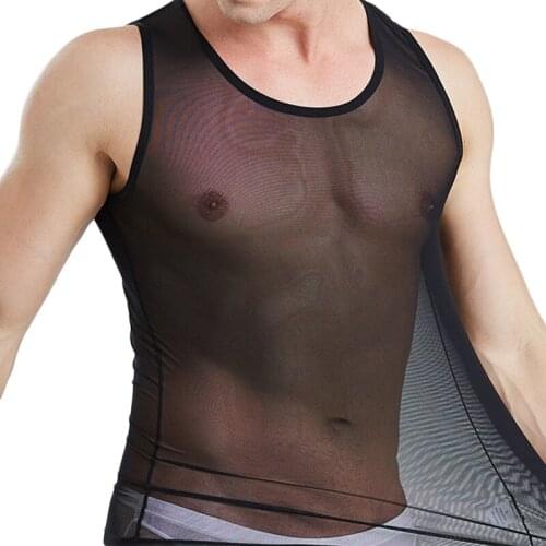 Mens Undershirts Mesh See-through Fishnet Shirt Sexy Sleeveless Nightclub Wear Undershirt Men Party Tops Fitness Underwear