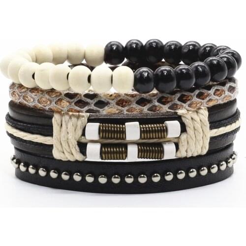 New Arrival 4 Pcs/set Brown Wood Beads Spring Feather Wing Cross Charm Leather Women Bracelets Men Homme Femme Male Jewelry