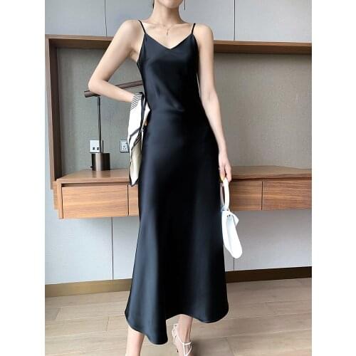 Women Black Satin Elegant V-neck Sleeveless Mid-Calf Sheath Spaghetti Strap Straight Dress Office Lady Silky Formal Dress Summer