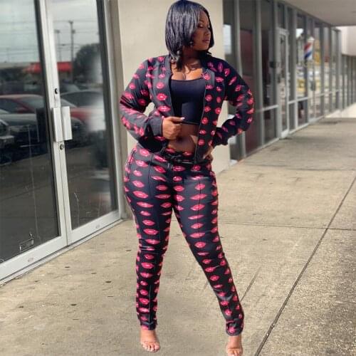 RMSFE 2021 Womens Long Sleeve Stand Collar Zipper Print Lip Coat Small Leg Pants Casual Two Piece Set